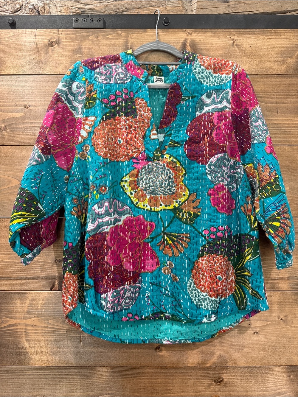 ivy jane Turquoise Floral Top with Stitching Throughout